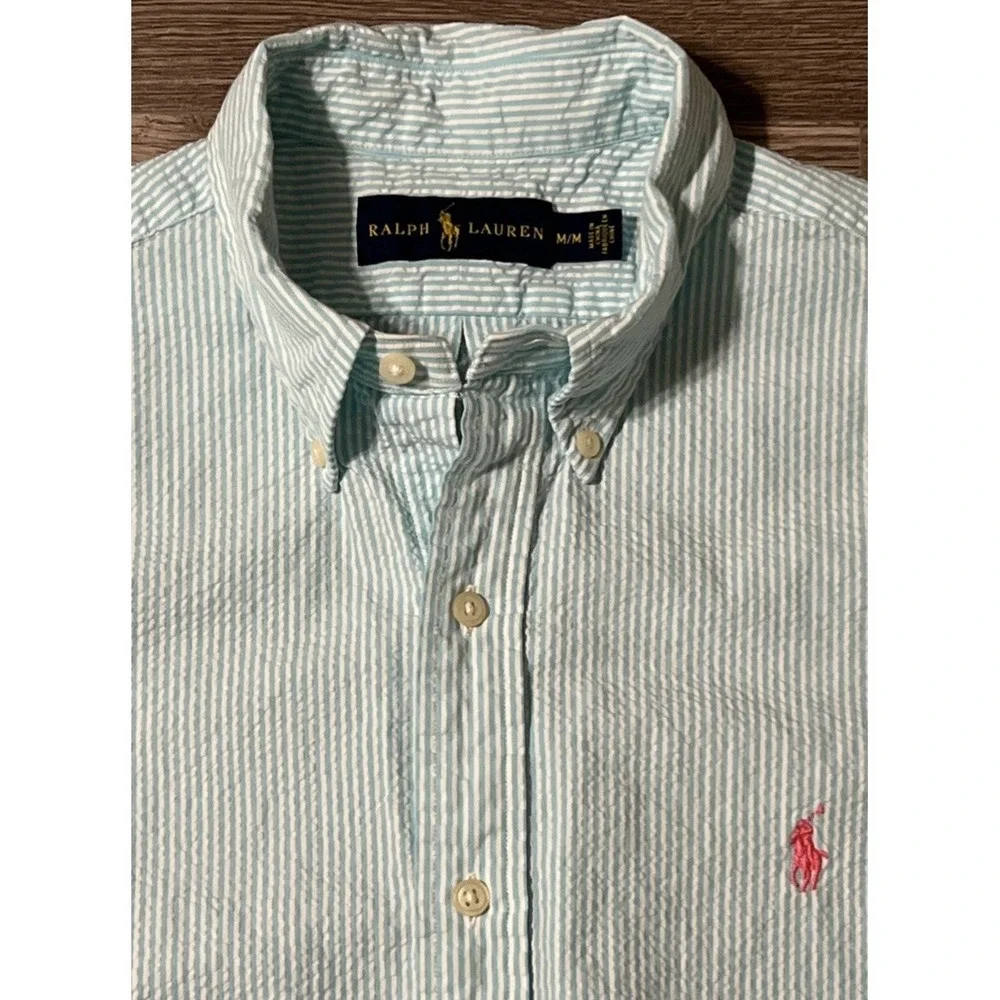 Polo Ralph Lauren S/S Seersucker Shirt Green/White Striped Pink Pony Size Medium